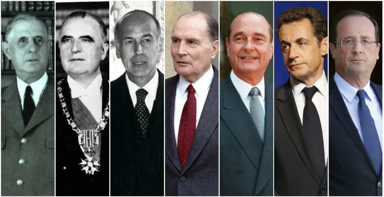Portraits de plusieurs pr&eacute;sidents fran&ccedil;ais depuis 1900, de Gaulle &agrave; Hollande, illustrant la liste des pr&eacute;sidents fran&ccedil;ais.