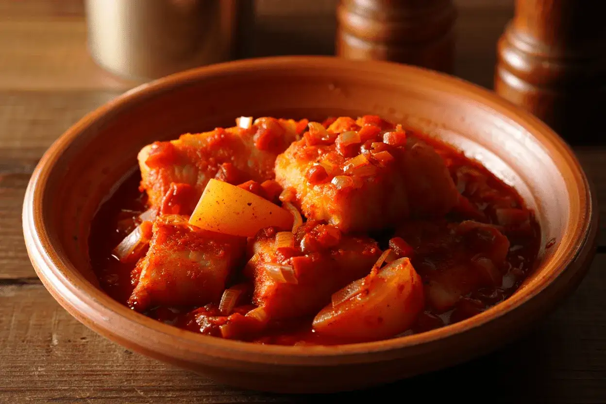 Bacalao a la vizcaina en cazuela de barro, con trozos de pimiento y cebolla en salsa roja.
