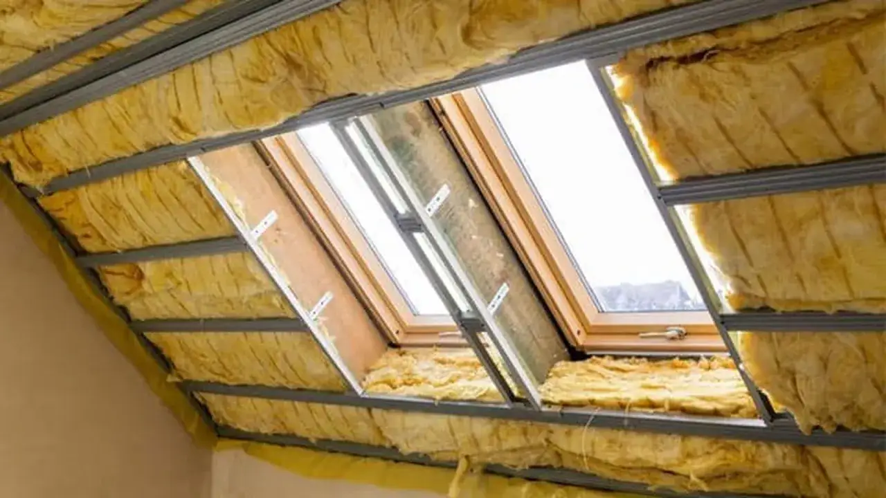 Instalación de aislante térmico para techos interiores, con lana de vidrio amarilla entre vigas metálicas y ventanas de tejado.