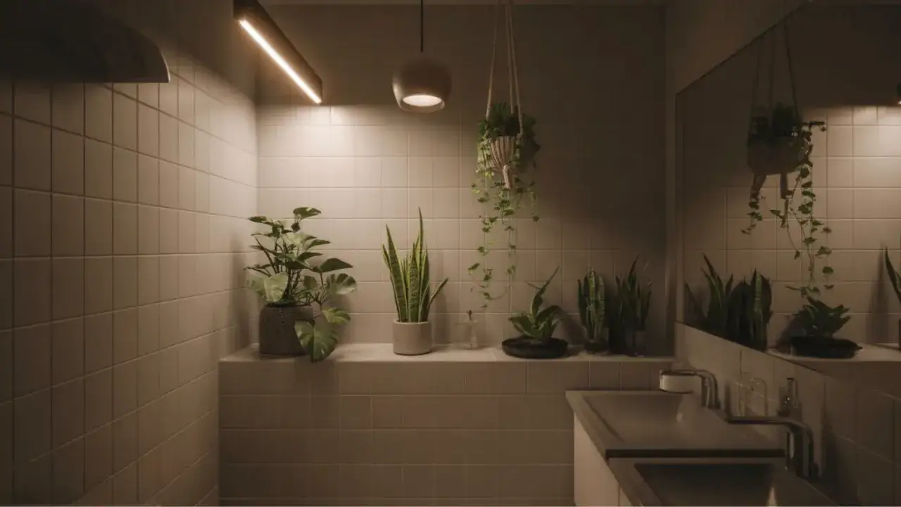 Gem&uuml;tliches Badezimmer mit vielen gr&uuml;nen badezimmer pflanzen, die auf einem Regal und h&auml;ngend arrangiert sind.
