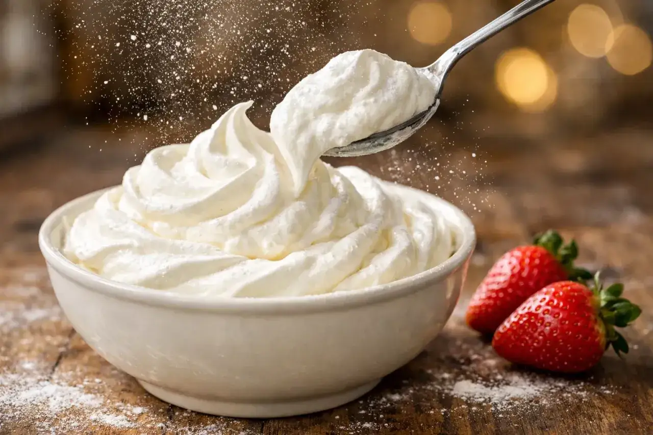 Une cuill&egrave;re pr&eacute;l&egrave;ve une portion a&eacute;rienne de chantilly maison, saupoudr&eacute;e de sucre glace, &agrave; c&ocirc;t&eacute; de fraises rouges.