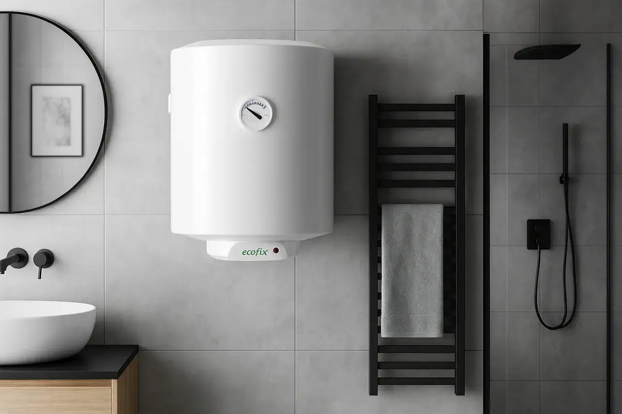 Biały bojler ecofix w łazience, obok czarnej drabinki z ręcznikiem i prysznica.