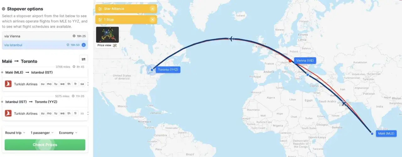 Trasa lotu z Mal&eacute; do Toronto z przesiadką w Stambule lub Wiedniu. Sprawdź, ile się leci na Mauritius, jeśli planujesz podr&oacute;ż.