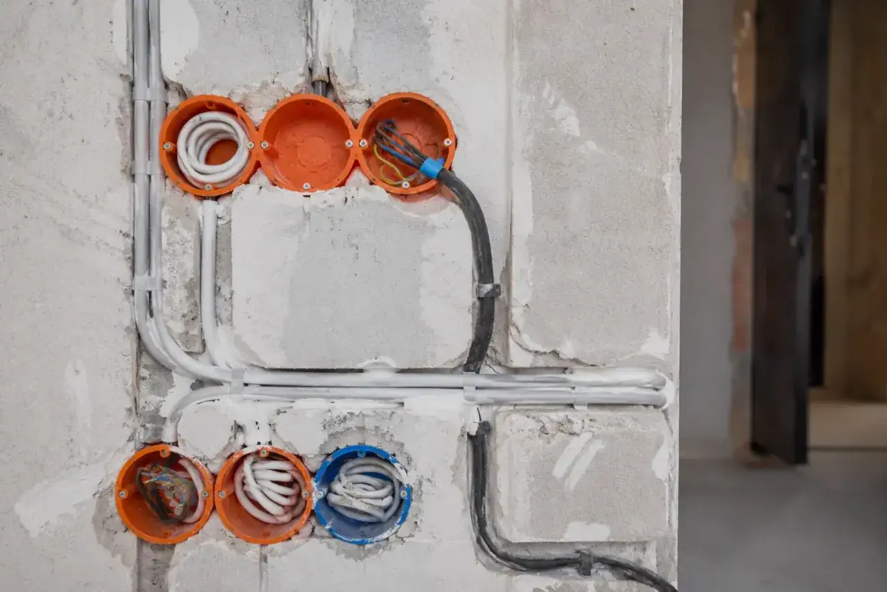 Instalacja elektryczna w trakcie budowy. Widoczne puszki instalacyjne z przewodami, przygotowane do montażu gniazdek. Widać potencjalne ryzyko przeciążenia, jeśli nie zostanie odpowiednio zaplanowana.