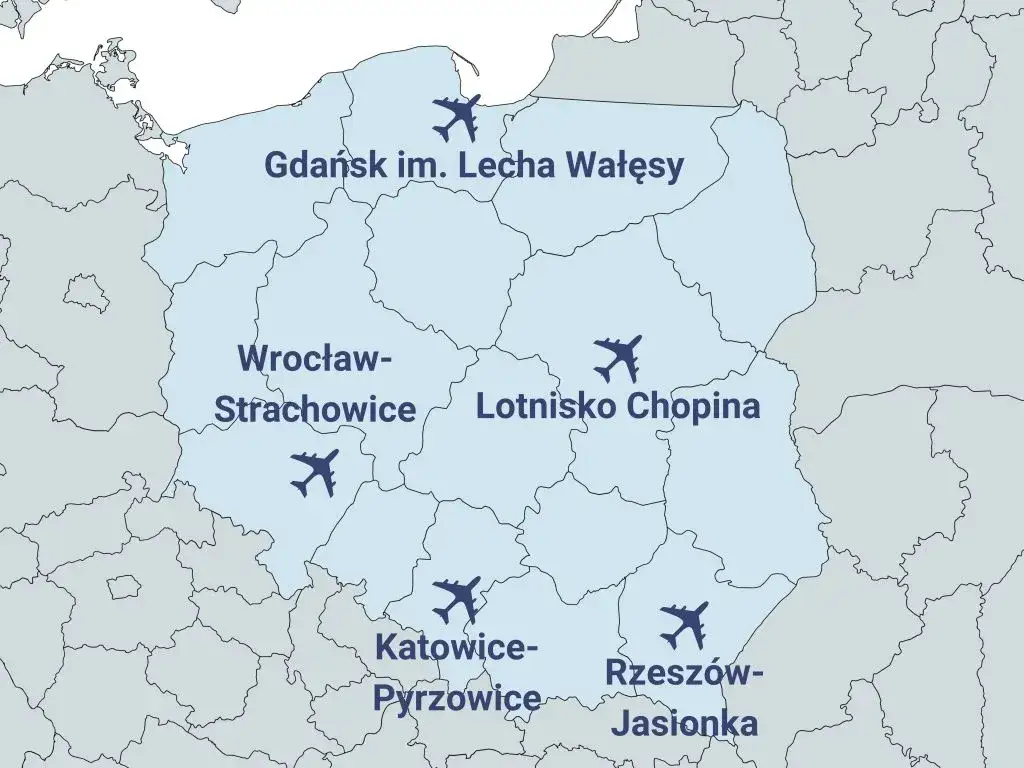 Mapa Polski z zaznaczonymi lotniskami i autostradami