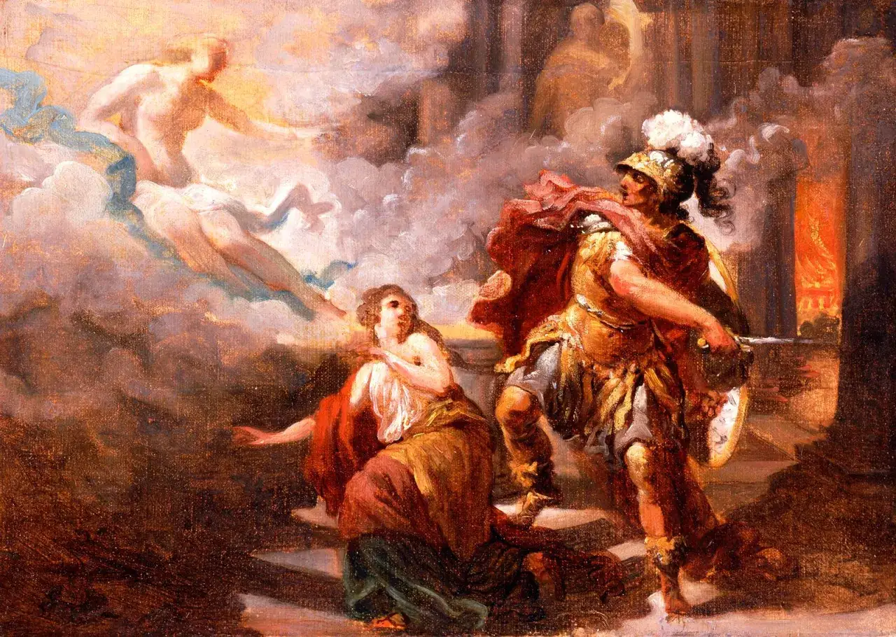 Menelaos' Frau Helena wird von einer göttlichen Figur auf Wolken herbeigeführt, während Menelaos, ein Krieger in Rüstung, sie mit Schwert und Schild beobachtet.