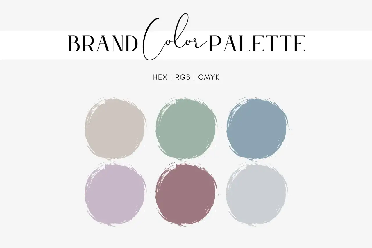 Paleta de colores de marca con seis c&iacute;rculos de color pastel: beige, verde salvia, azul polvoriento, lavanda, malva y gris claro.