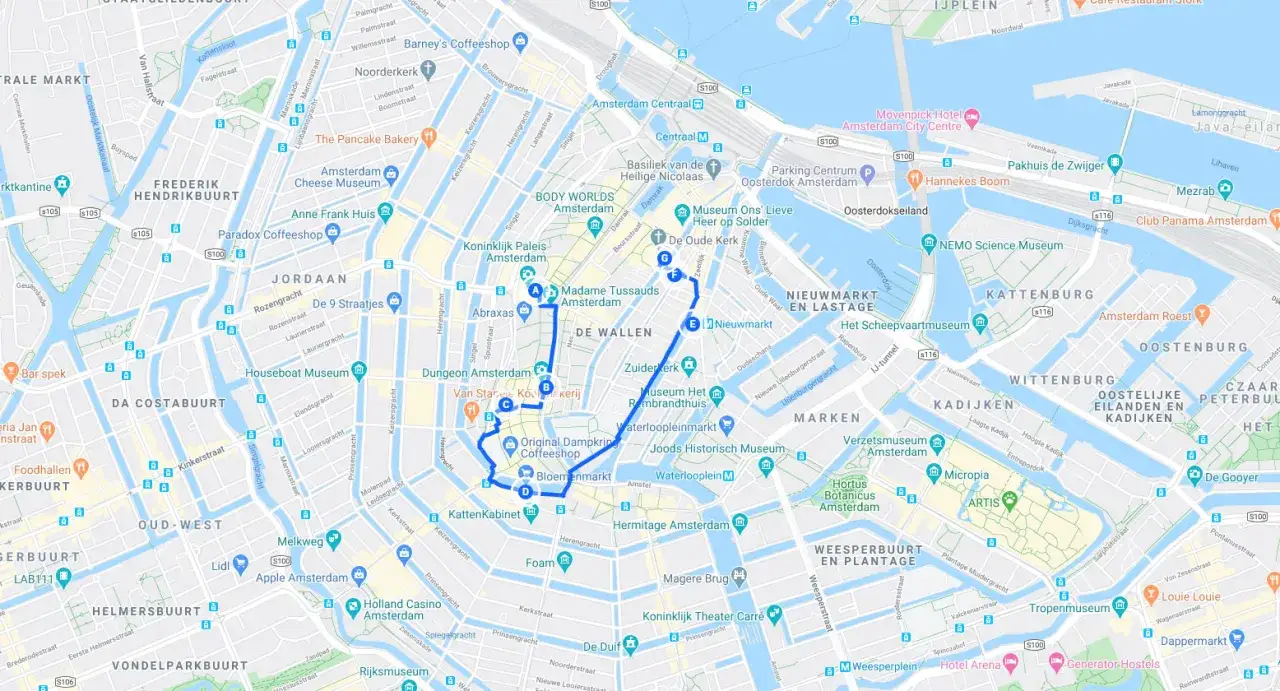Mapa de Ámsterdam con ruta turística: qué ver en Ámsterdam en 2 días, incluyendo Anne Frank Huis, Madame Tussauds y el Barrio Rojo.