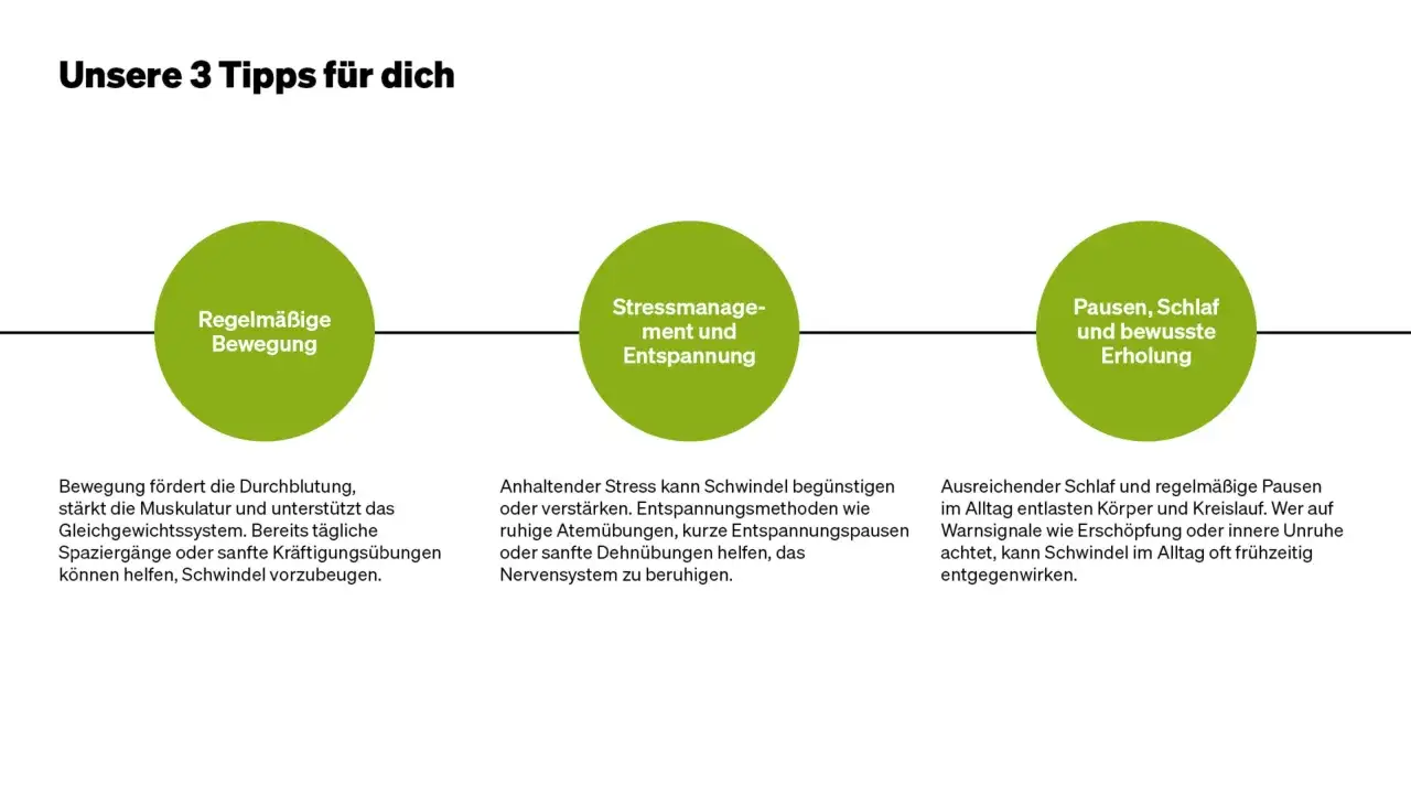 Drei Tipps für dich: Bewegung, Stressmanagement und Erholung. Regelmäßige Bewegung kann Schwindel vorbeugen.