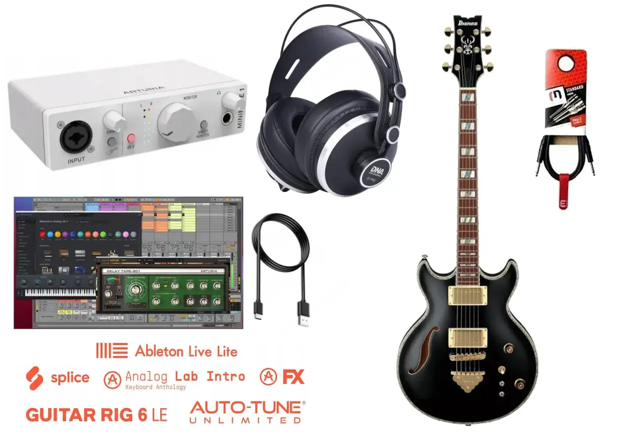 Zestaw do nagrywania gitary: gitara Ibanez, interfejs audio Arturia, słuchawki, kable i oprogramowanie. Dowiedz się, jak podłączyć gitarę do PC.