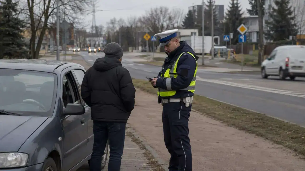 Policjant kontroluje kierowcę przy samochodzie. Nowe przepisy dotyczące jazdy bez prawa jazdy mogą oznaczać surowsze kary.