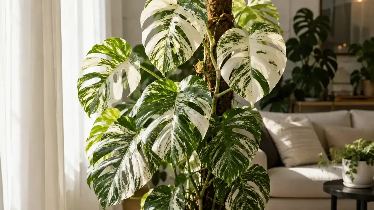 Monstera Standleyana o liściach w biało-zielone cętki, wspierana przez palik, w jasnym, przytulnym wnętrzu.