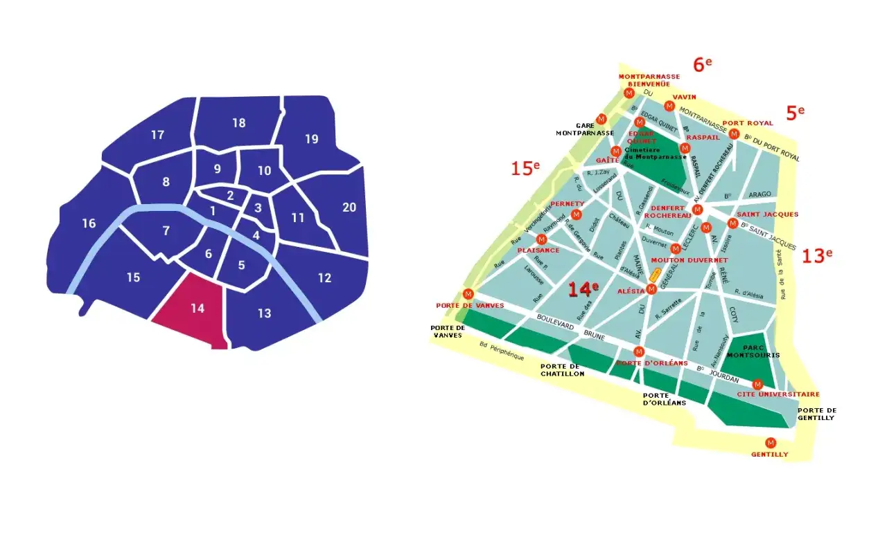 Mapa Paryża z zaznaczoną 14 dzielnicą. Czy 14 dzielnica Paryża jest bezpieczna? Mapa pokazuje jej położenie i główne ulice.