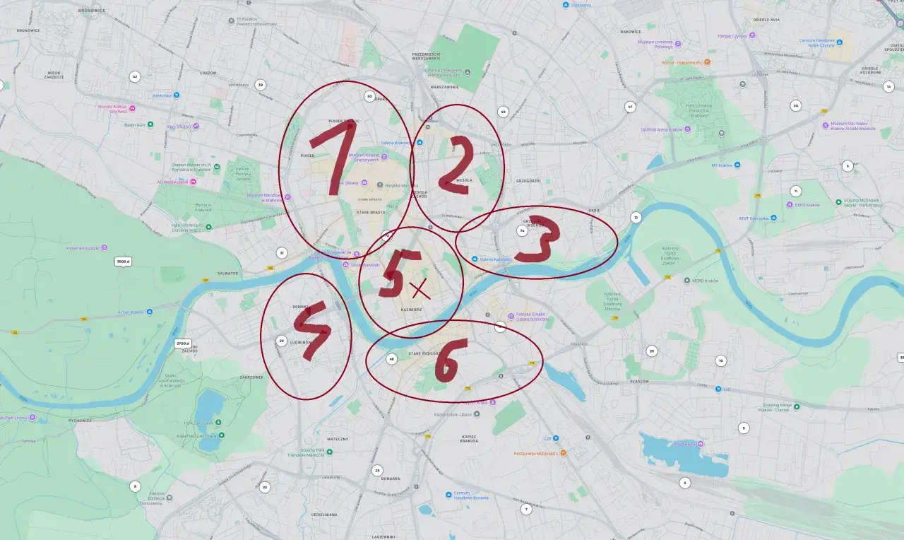Mapa z lokalizacjami sklep&oacute;w biegowych Krak&oacute;w