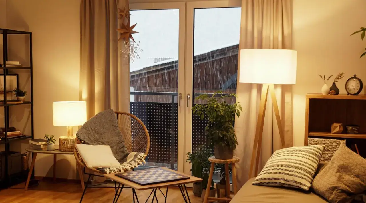 Gemütliches Wohnzimmer im schwedischen Wohnstil mit Rattansessel, Schachbrett und Blick auf fallenden Schnee.