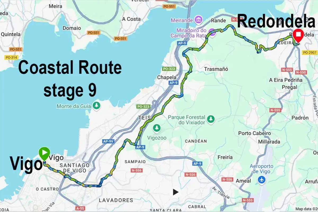 Karta &ouml;ver **camino de santiago etapper**, kustv&auml;gen etapp 9 fr&aring;n Vigo till Redondela.