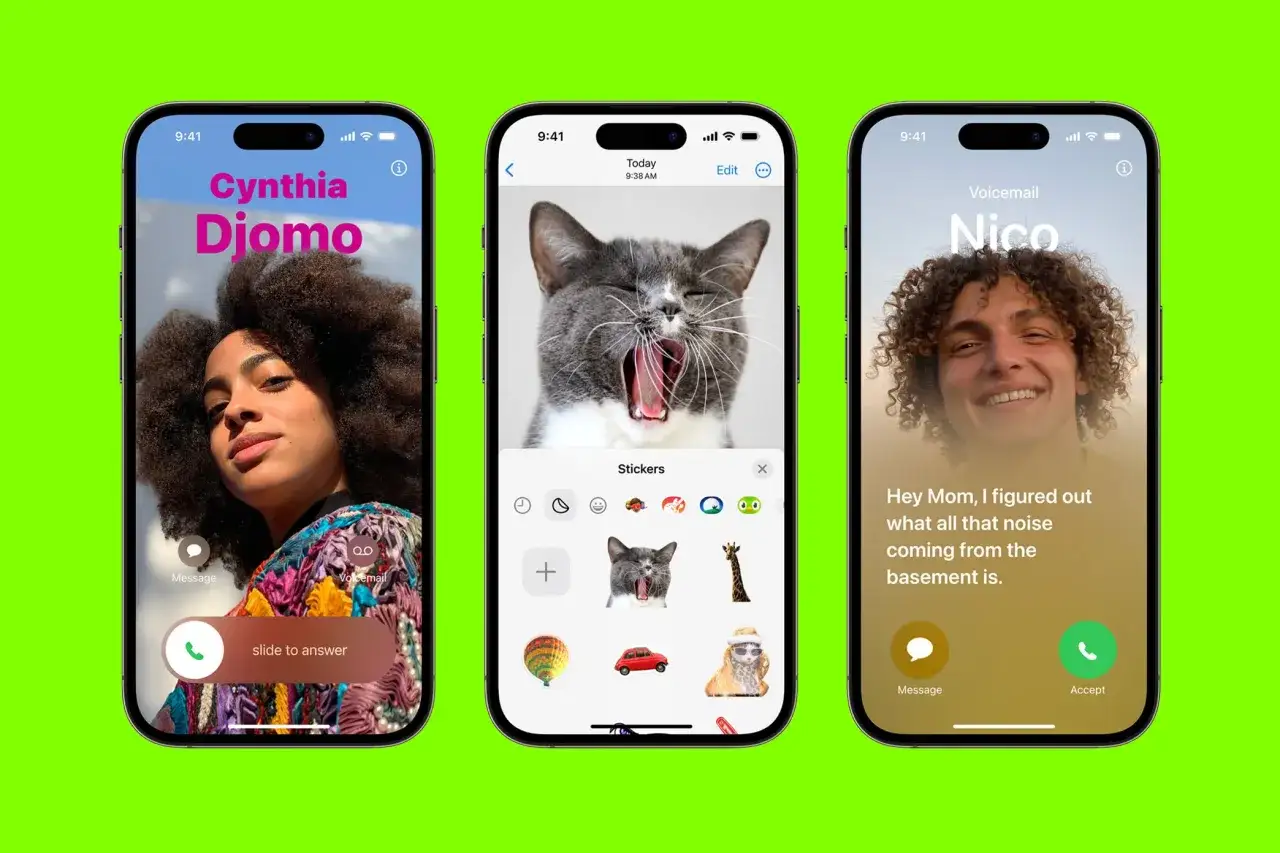 Trzy ekrany iPhone'a z iOS 17: połączenie wideo z Cynthia, czat ze śmiesznym kotem i nagranie voicemail od Nico.