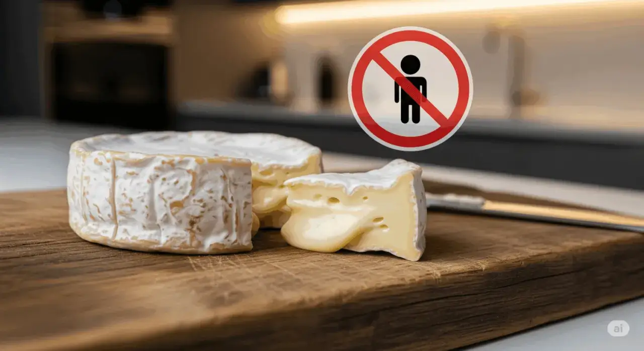 Un camembert coupé sur une planche, avec un panneau d'interdiction. Attention, quel fromage manger enceinte ?