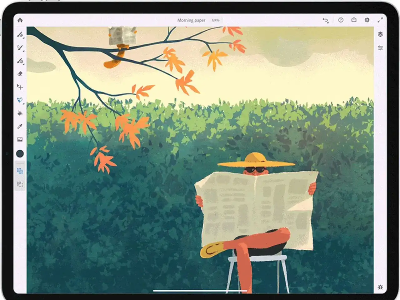 Ilustracja w Adobe Fresco: osoba w kapeluszu czyta gazetę na tle zielonego żywopłotu i jesiennych liści.