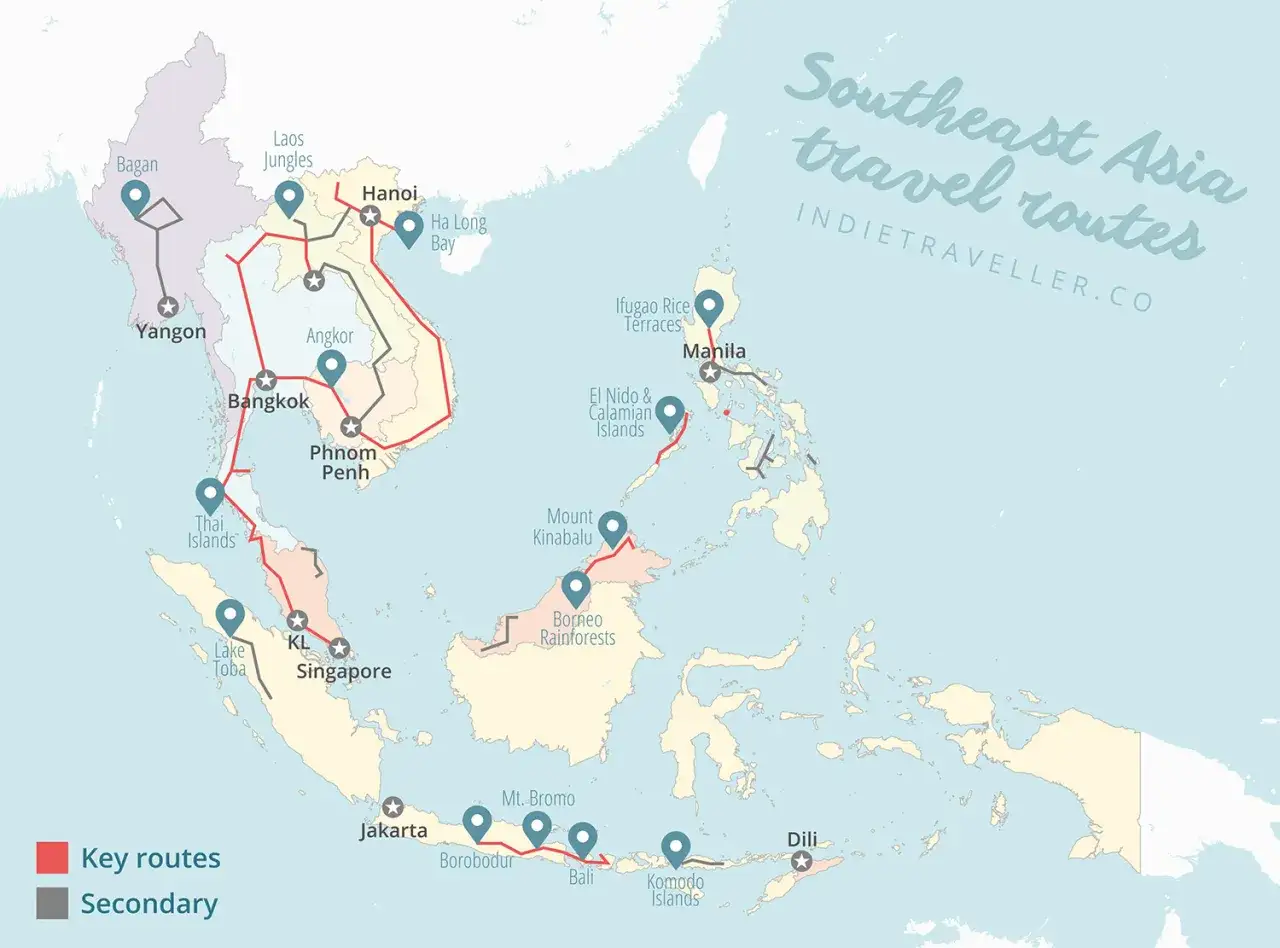 Mapa tras podróżniczych po Azji Południowo-Wschodniej. Filipiny, z Manilą i El Nido, leżą na wschód od Malezji i Indonezji.