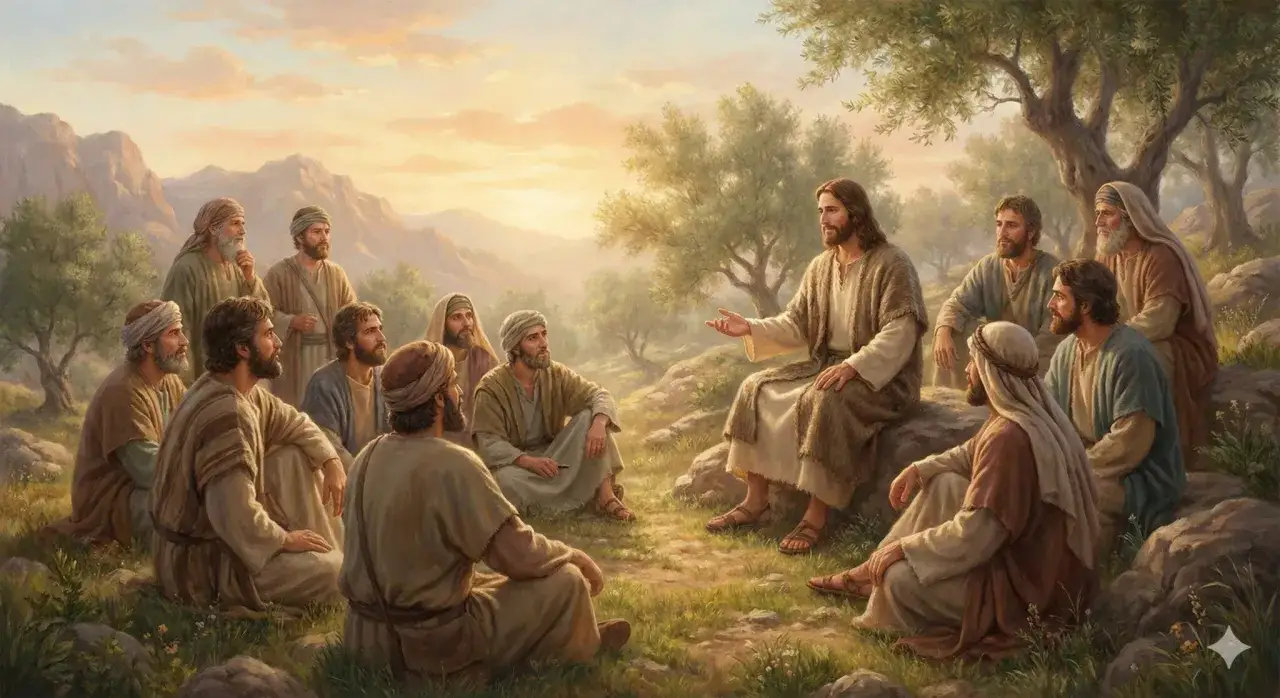 Jesus lehrt seine Jünger unter Olivenbäumen. Er spricht über die Seligpreisungen, denn selig sind die Frieden stiften.