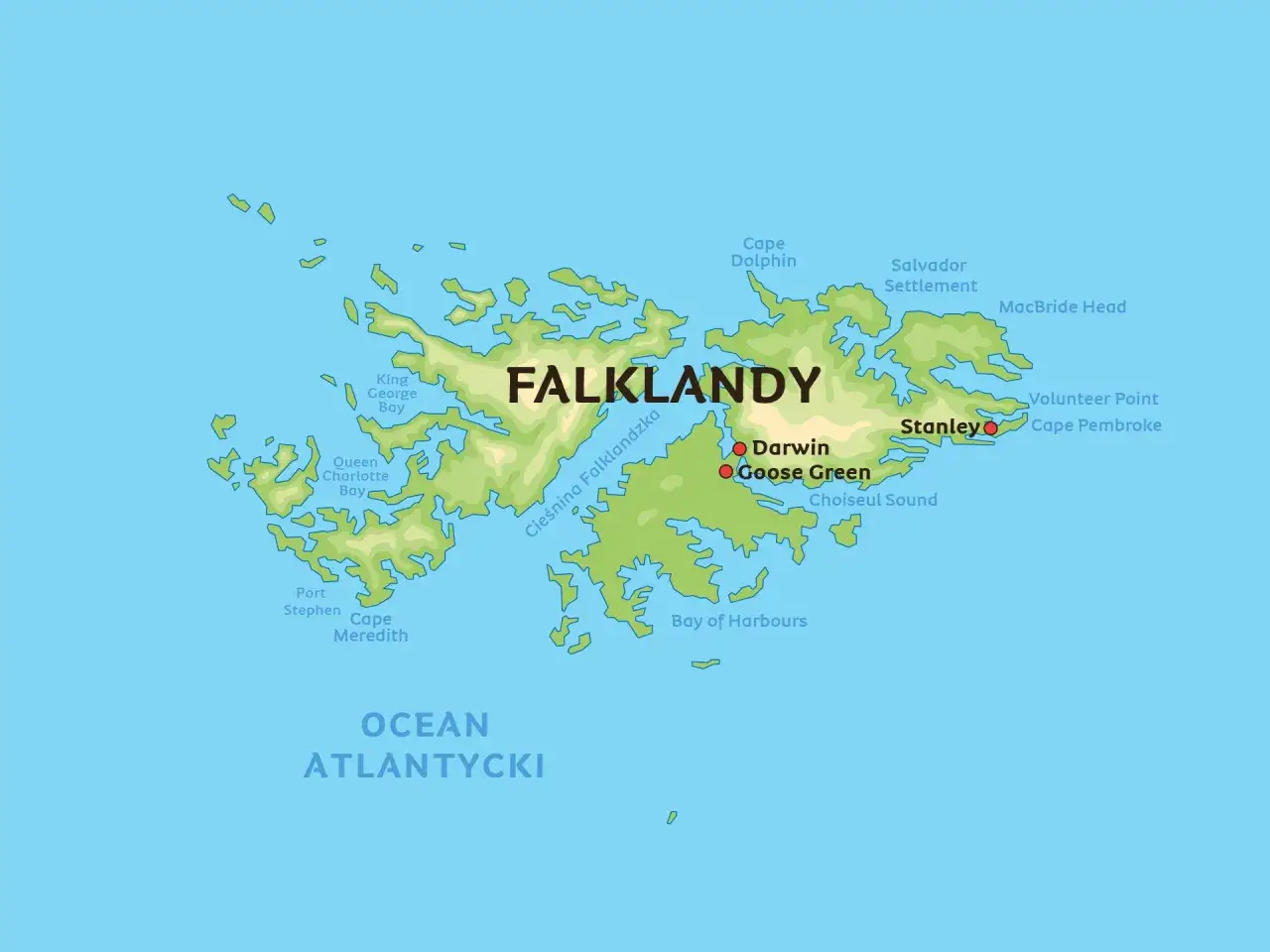 Mapa Falklandów, znanych też jako Wyspy Malwiny, z zaznaczonymi miastami Darwin, Goose Green i Stanley.
