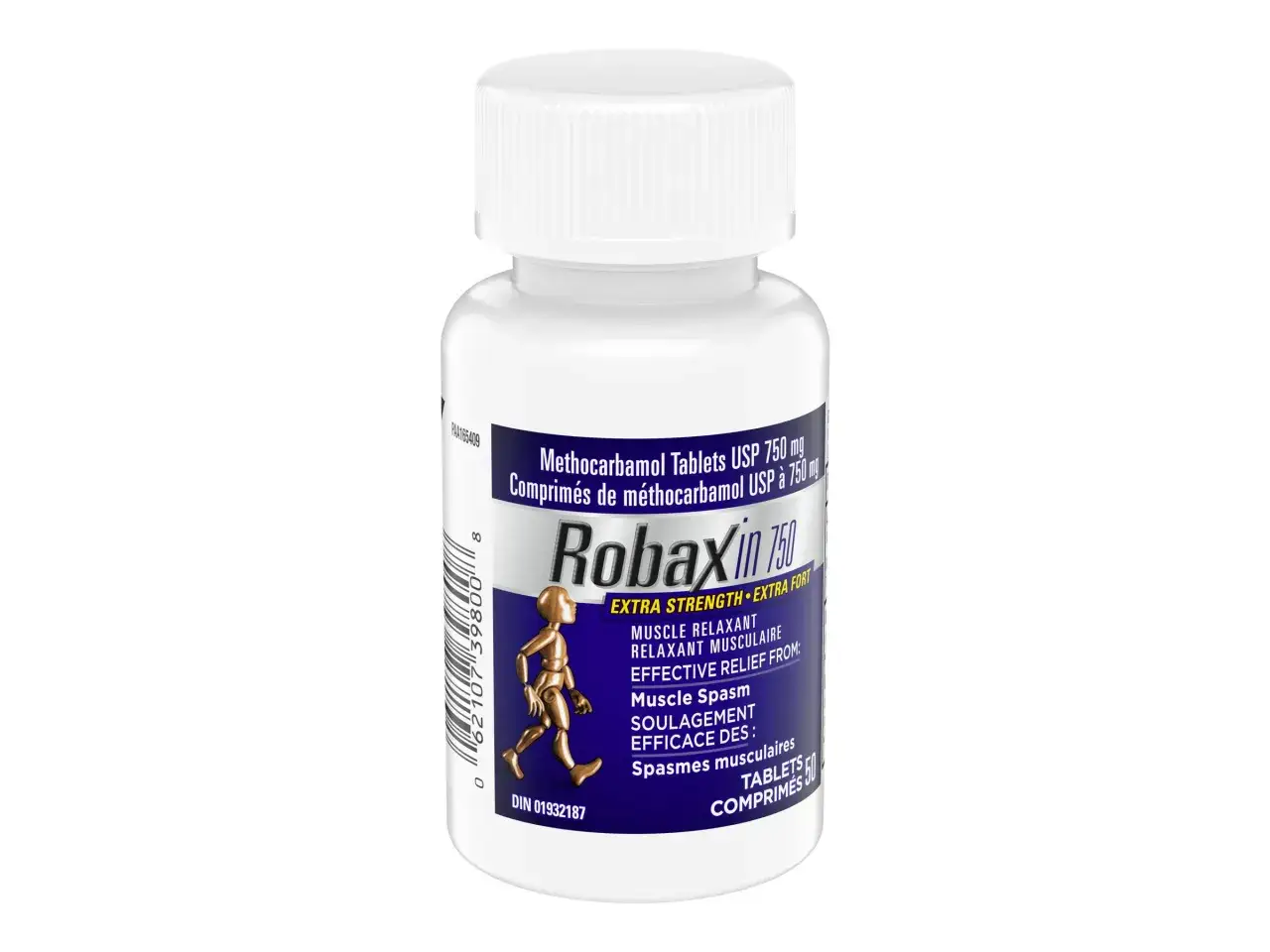 Biała butelka leku Robaxin 750 mg, zawierającego methocarbamol, na rozluźnienie mięśni.