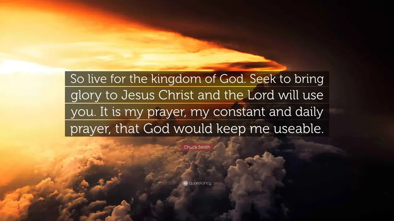 Dramatic clouds and sunset frame a quote: