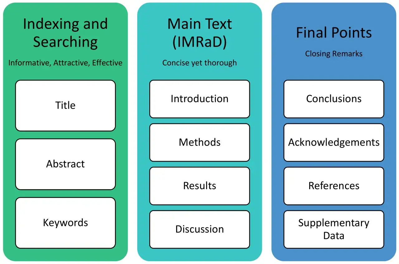 Übersicht der Analyse-Struktur: Indexierung, Haupttext (IMRaD) und finale Punkte. Enthält Titel, Abstract, Keywords, Einleitung, Methoden, Ergebnisse, Diskussion, Schlussfolgerungen, Danksagungen, Referenzen und Zusatzdaten.