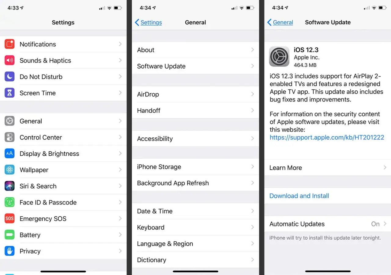 Ekran telefonu pokazuje, że iOS 12.3 jest dostępny. Czy trzeba aktualizować telefon? Aktualizacja zawiera poprawki i ulepszenia.