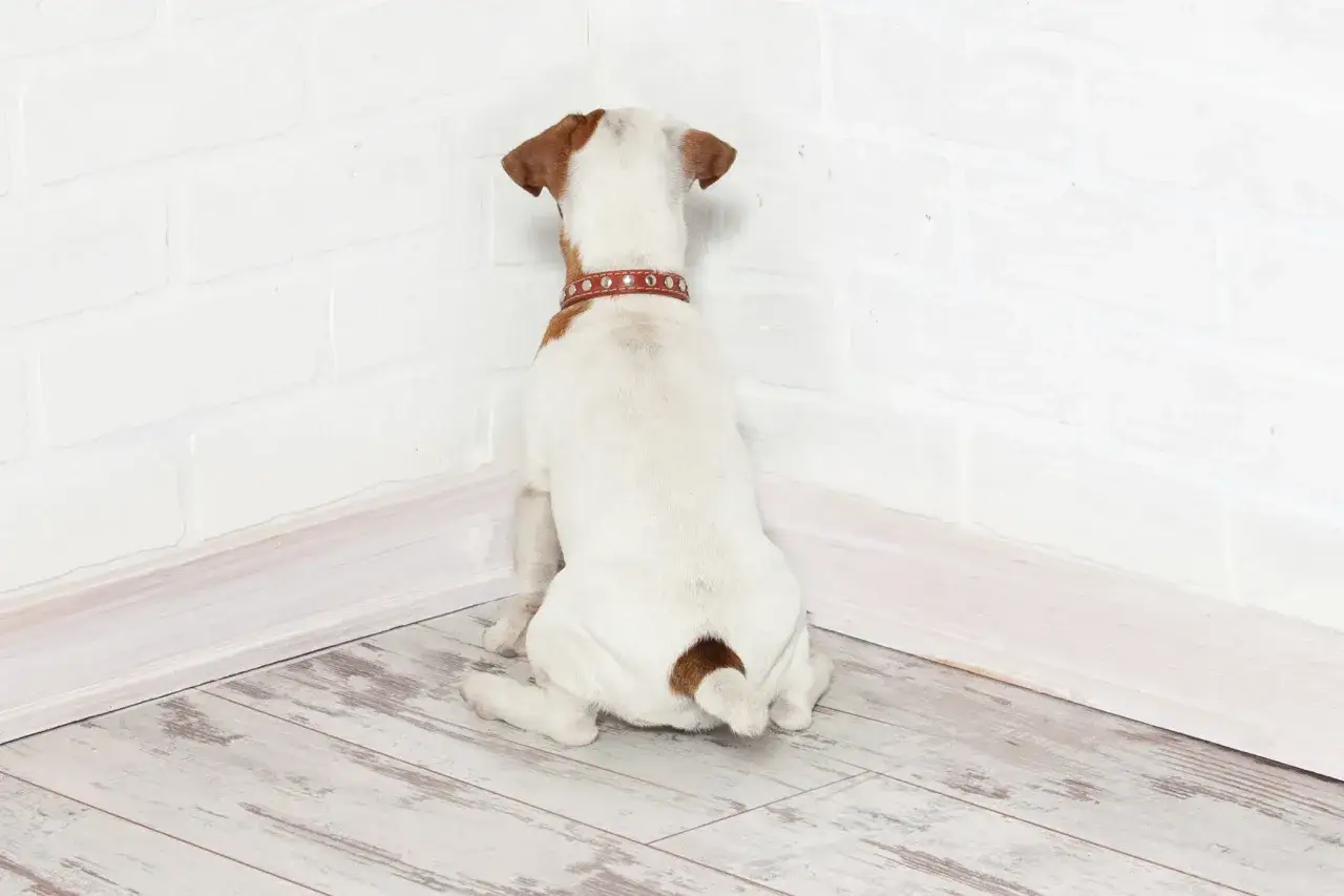 Mi perro se queda quieto mirando a la nada, sentado en un rincón blanco.