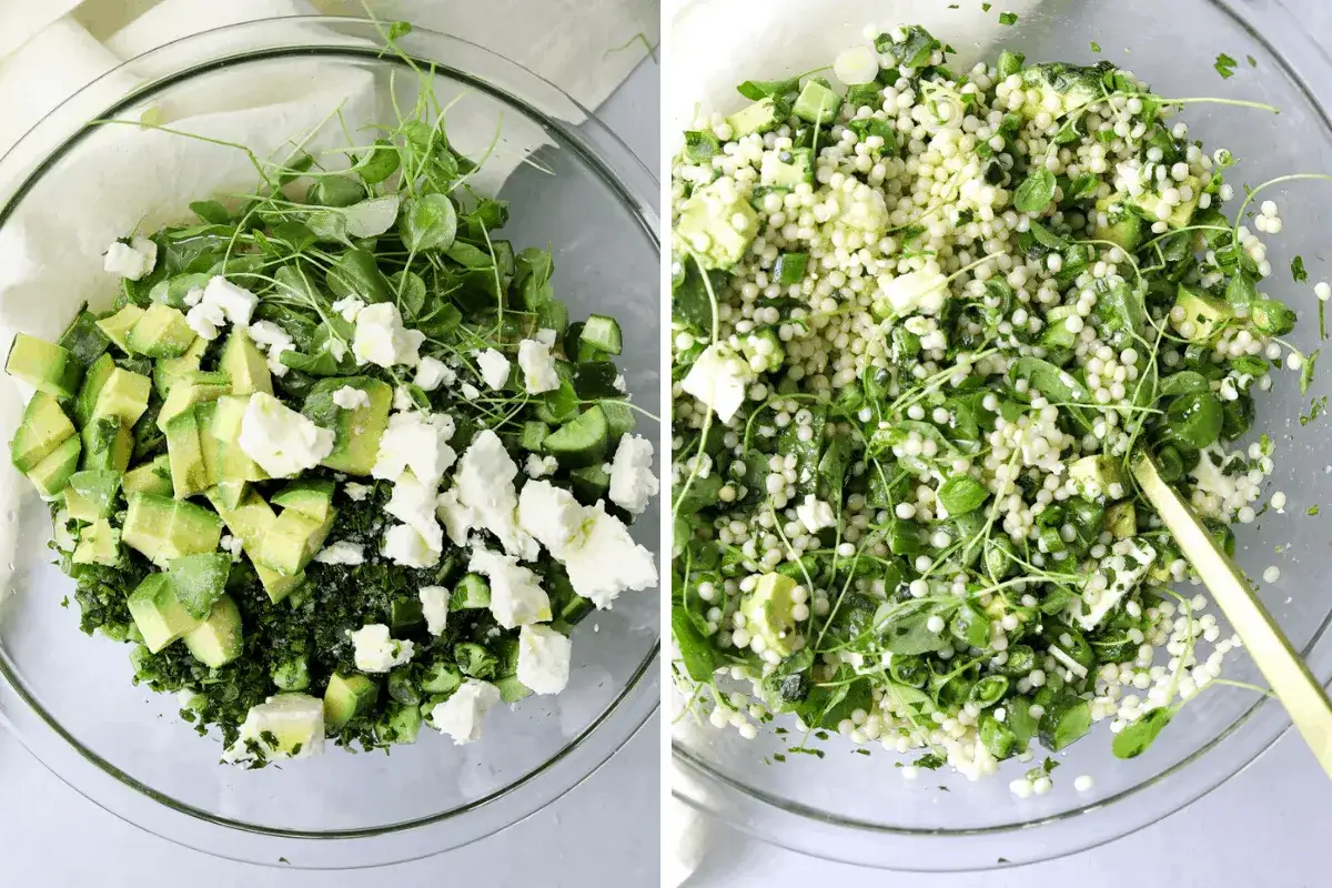 Zwei Schüsseln mit Zutaten für einen Couscous-Salat: Avocado, Feta, Gurke und grüne Kräuter.