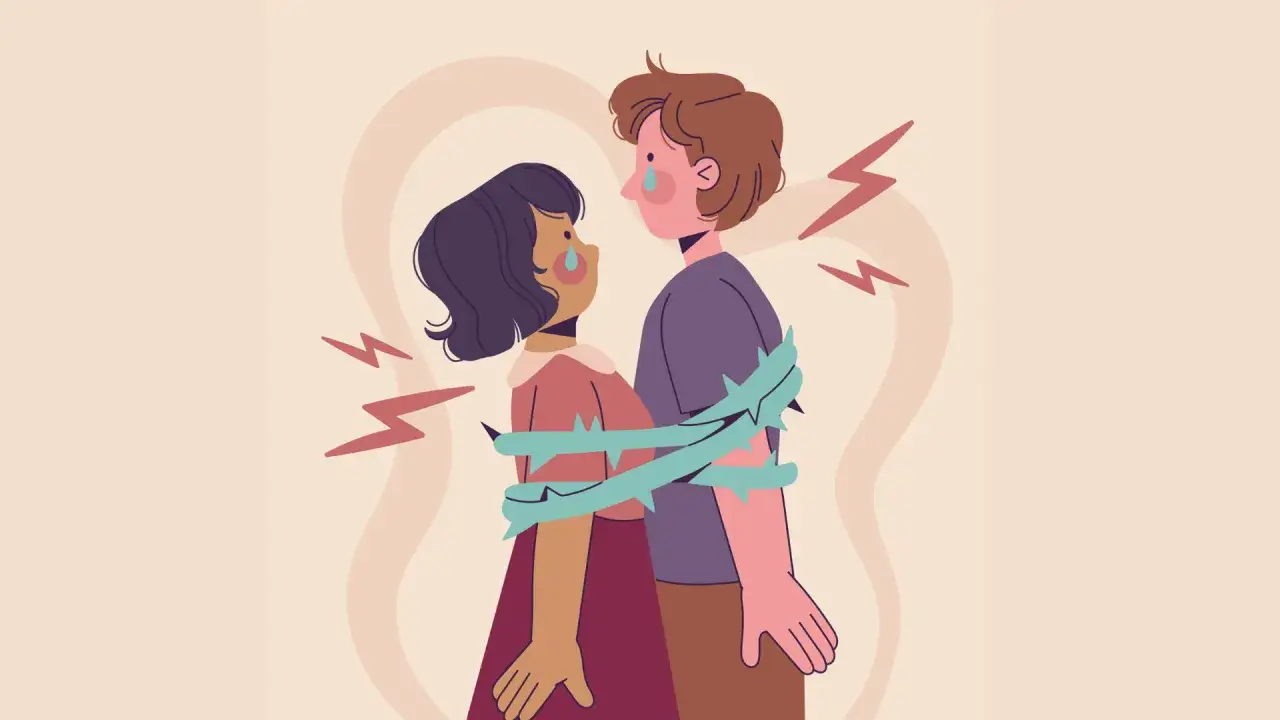 Coppia abbracciata, circondata da spine, con lacrime e fulmini. Un'immagine che evoca l'ossessione in amore, un legame doloroso e soffocante.