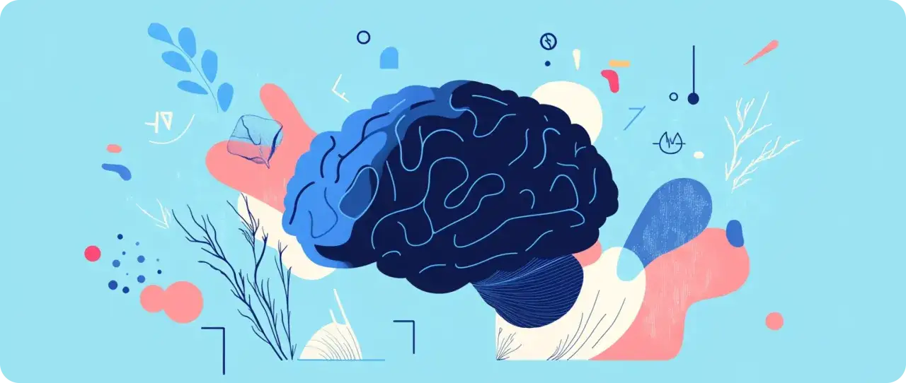 Abstrakcyjny mózg otoczony kolorowymi kształtami i roślinnymi motywami. Ilustracja symbolizuje objawy poznawcze stresu, pokazując jego wpływ na umysł.
