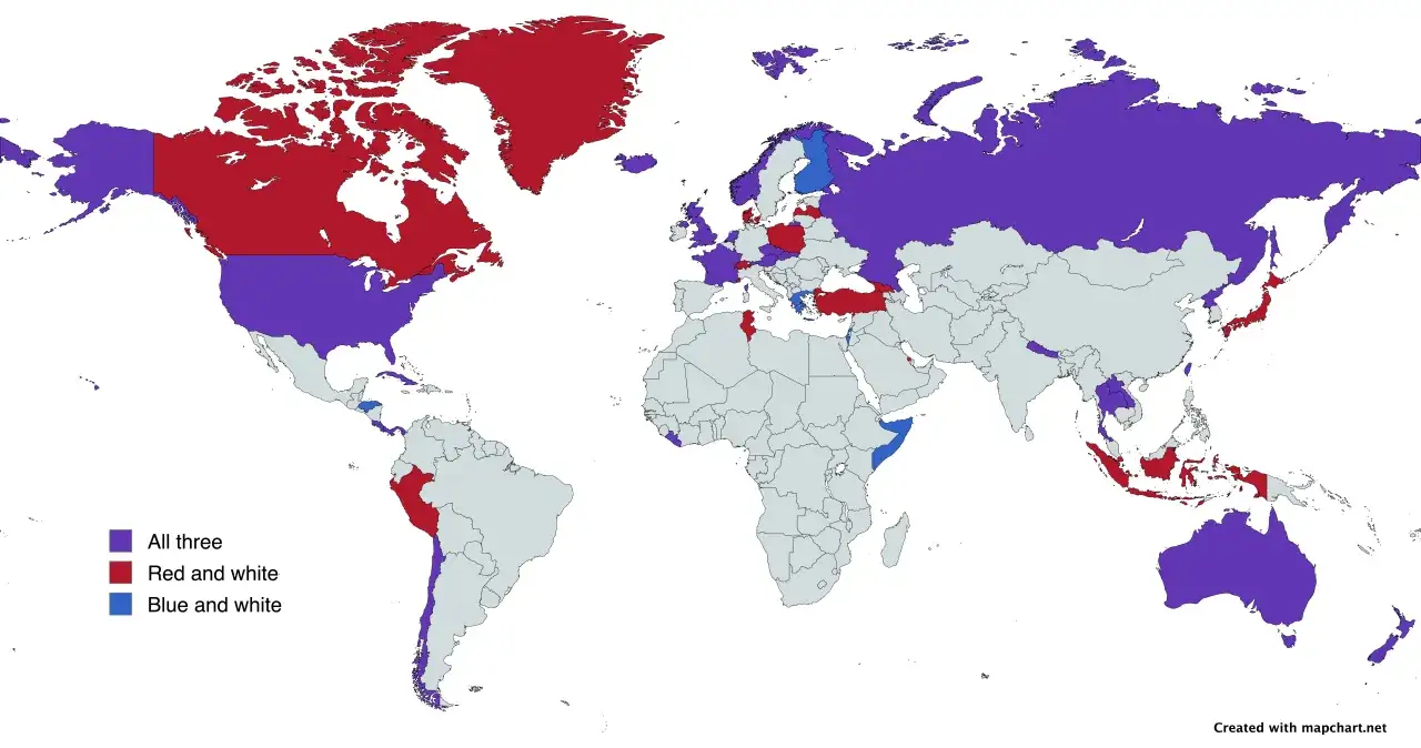 Mapa świata z zaznaczonymi krajami. Niektóre państwa mają flagę niebiesko czerwoną, inne niebiesko-białą lub czerwono-białą.