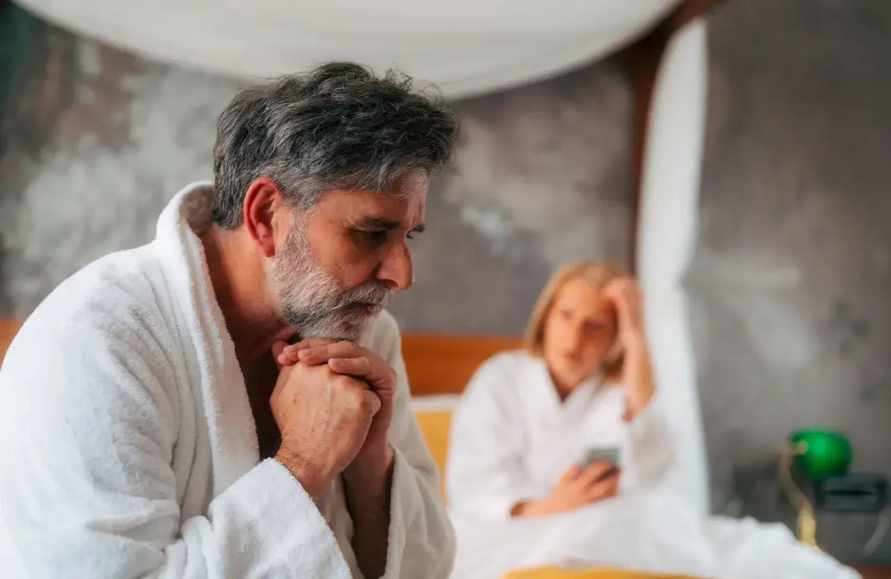 Un homme d'âge mûr, pensif, en robe de chambre blanche, semble traverser une crise de la cinquantaine, peut-être liée à une infidélité. Sa femme, floue à l'arrière-plan, consulte son téléphone.