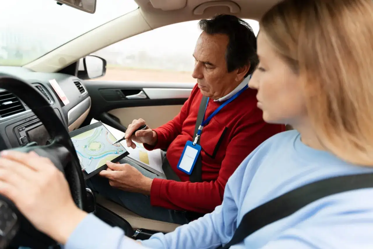 Instructor explica c&oacute;mo conducir un coche a una alumna, se&ntilde;alando un diagrama de tr&aacute;fico en una tablet.