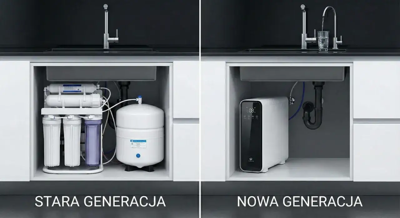 Porównanie rodzajów filtrów do wody: stara generacja z wieloma elementami i nowa, kompaktowa jednostka.