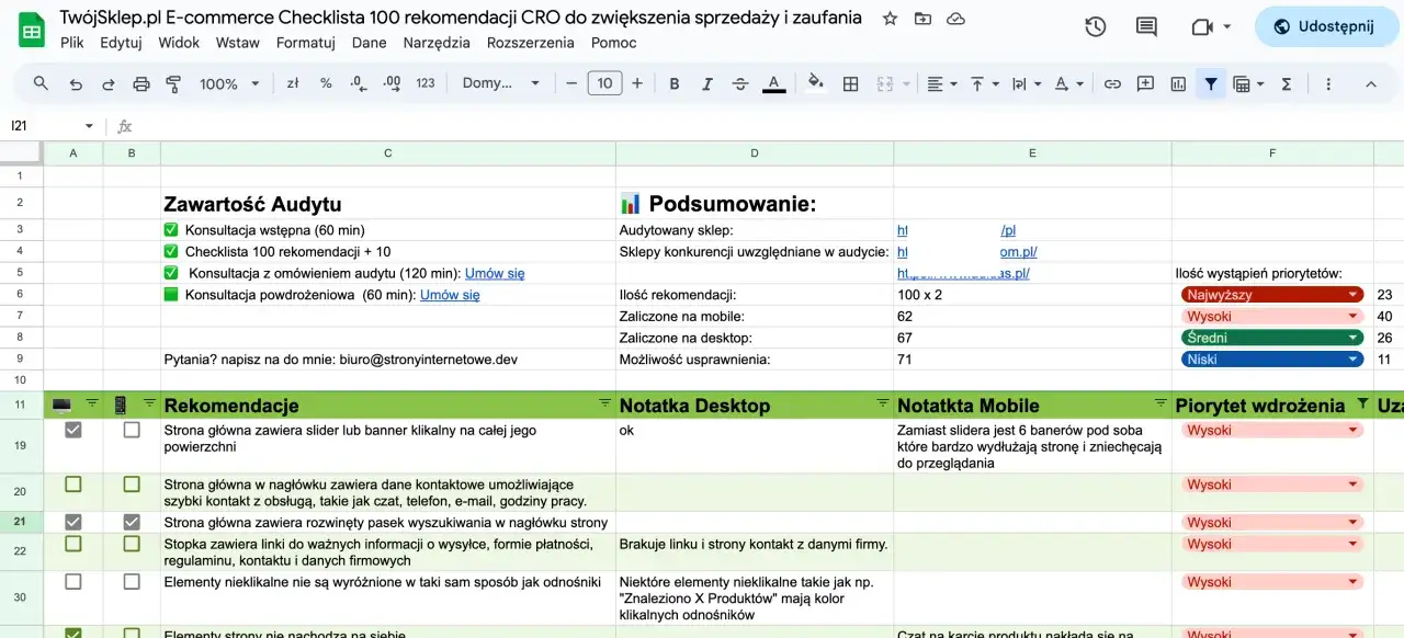 Arkusz kalkulacyjny z podsumowaniem audytu ecommerce: zawartość, rekomendacje, notatki i priorytety wdrożeń.