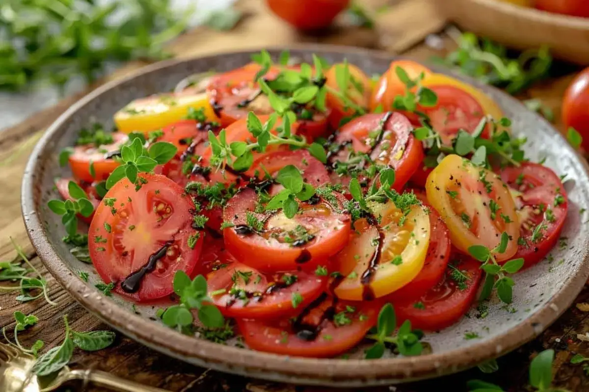 Salade colorée de tomates rouges et jaunes, arrosée d'une vinaigrette balsamique et garnie d'herbes fraîches. Les meilleures tomates pour salade, simples et savoureuses.