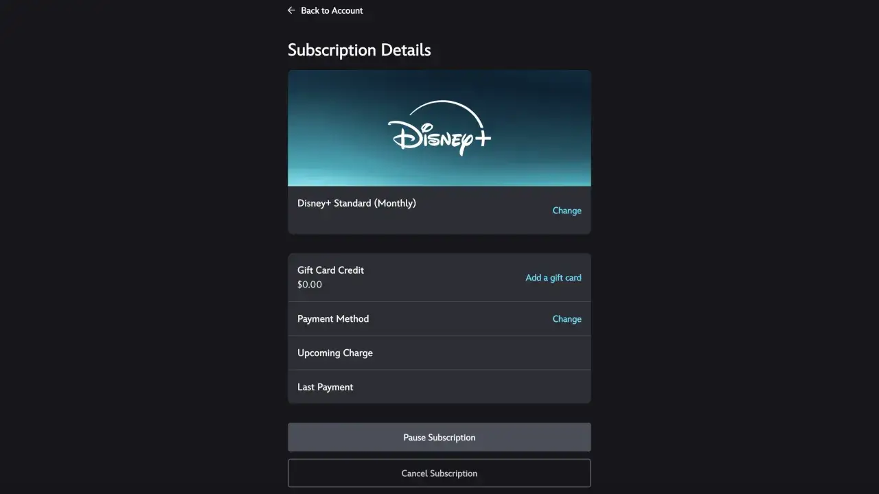 Szczegóły subskrypcji Disney+. Widzisz opcje 
