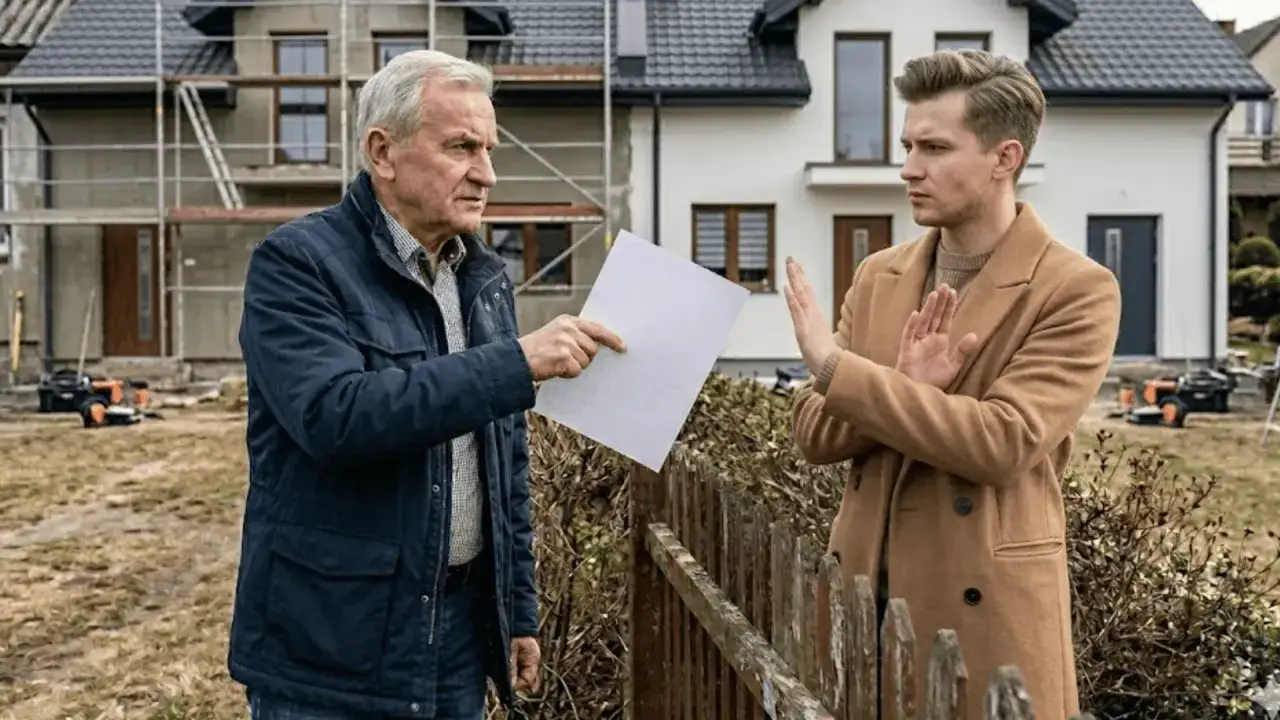 Starszy mężczyzna wręcza dokument młodszemu, który odrzuca go gestem. W tle budynek w budowie. Czy budynek to rzecz?
