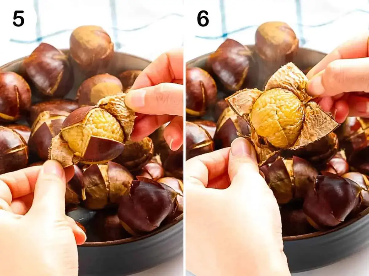 Hands peel a roasted chestnut, revealing its soft interior. This is a key step in how you prepare chestnuts for a delicious snack.