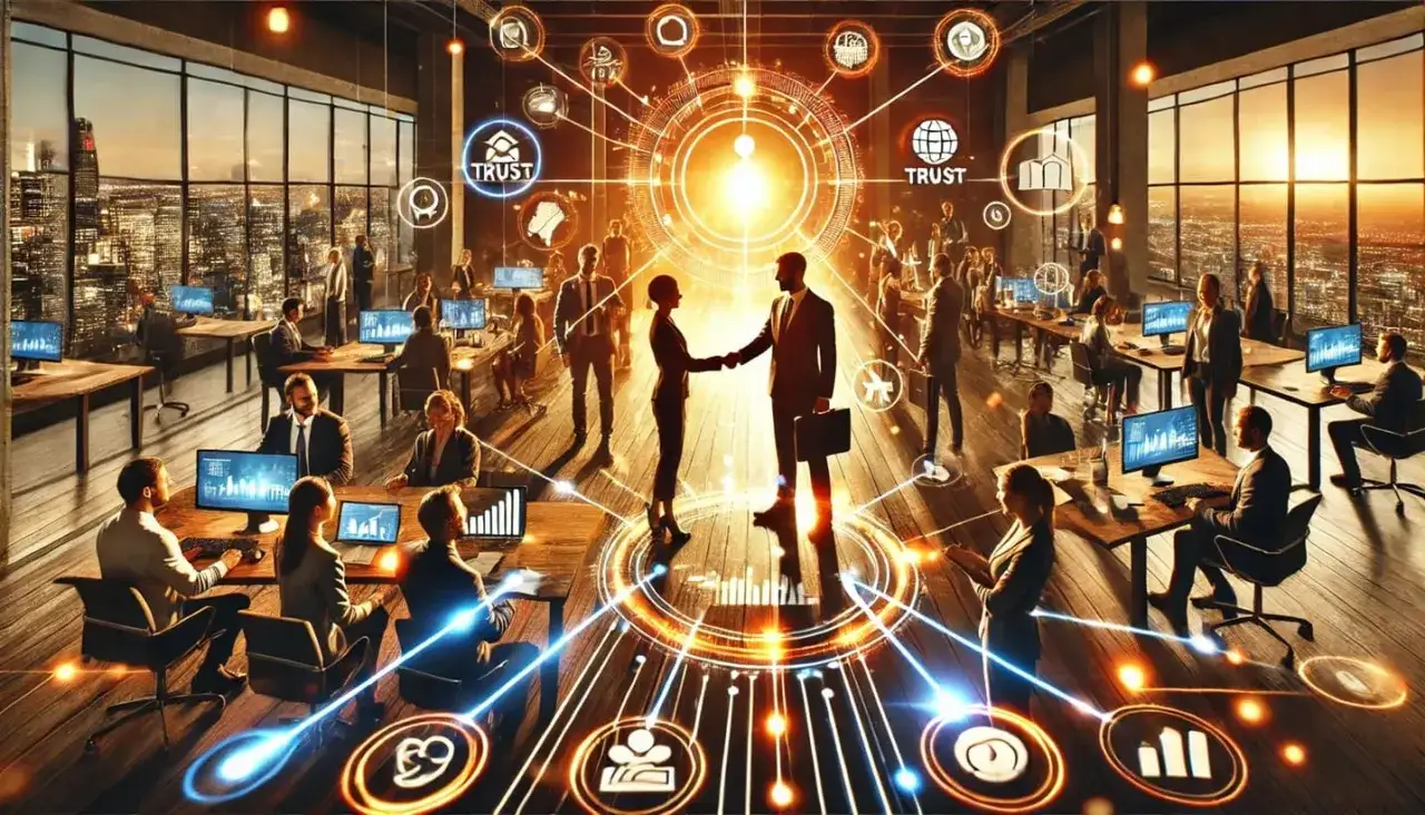 Oficina moderna con personas trabajando y un apretón de manos central, simbolizando la **ética empresarial** y la confianza en un mundo conectado.
