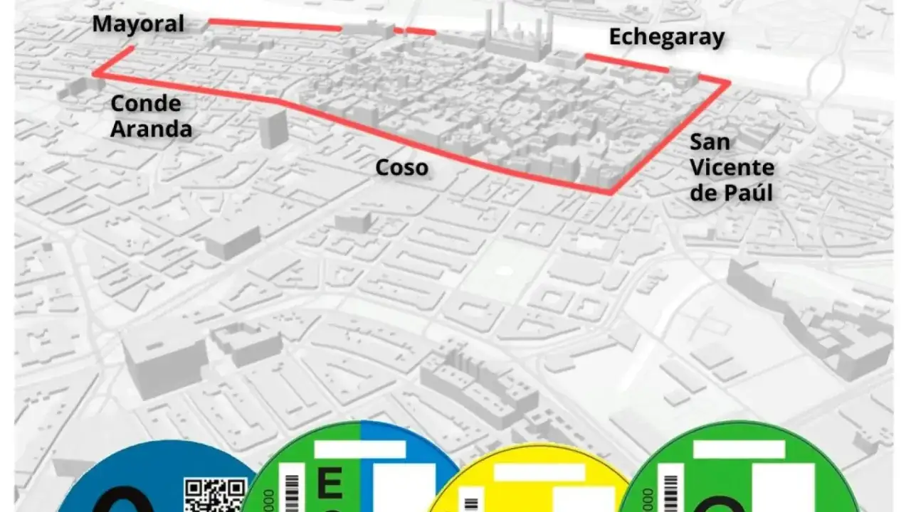 Mapa de Zaragoza con zona delimitada para la etiqueta medioambiental. Muestra calles como Coso, Mayoral, Conde Aranda, Echegaray y San Vicente de Pa&uacute;l.