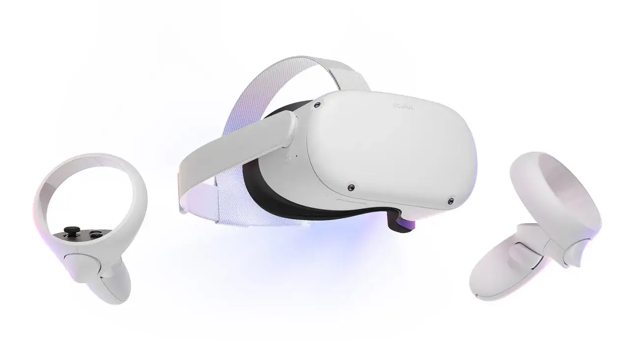 Biały zestaw VR Oculus z dwoma kontrolerami, gotowy do zanurzenia się w wirtualnej rzeczywistości i gry na Google VR.