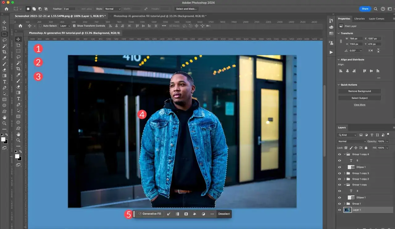 Mężczyzna w dżinsowej kurtce zaznaczony do edycji w Photoshopie z użyciem narzędzia **photoshop ai**.