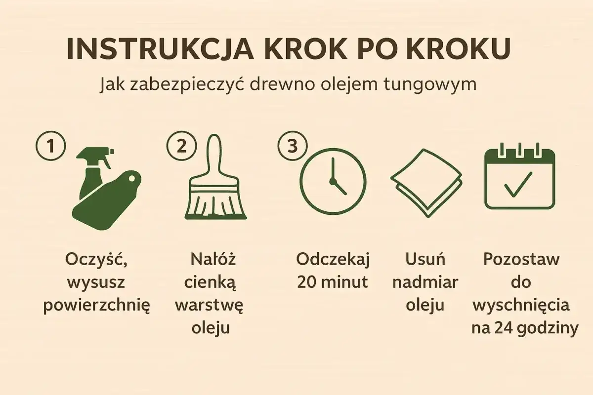 Instrukcja krok po kroku: oczyszczanie, nakładanie cienkiej warstwy oleju, odczekanie 20 minut, usunięcie nadmiaru oleju i pozostawienie do wyschnięcia na 24 godziny.