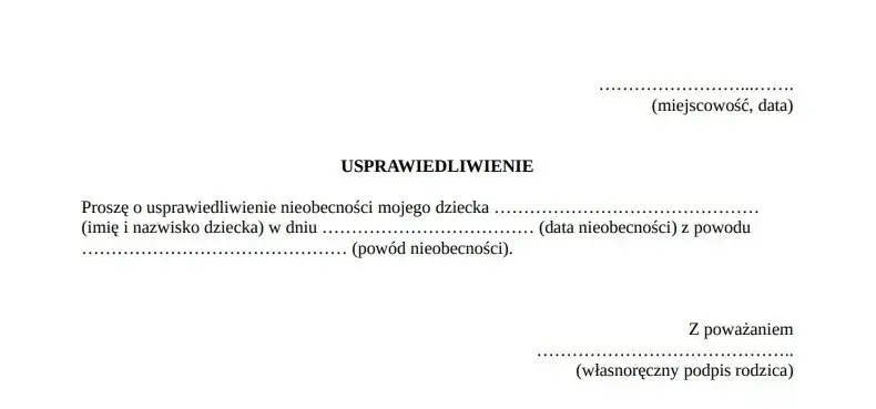 Wz&oacute;r usprawiedliwienia nieobecności dziecka w szkole
