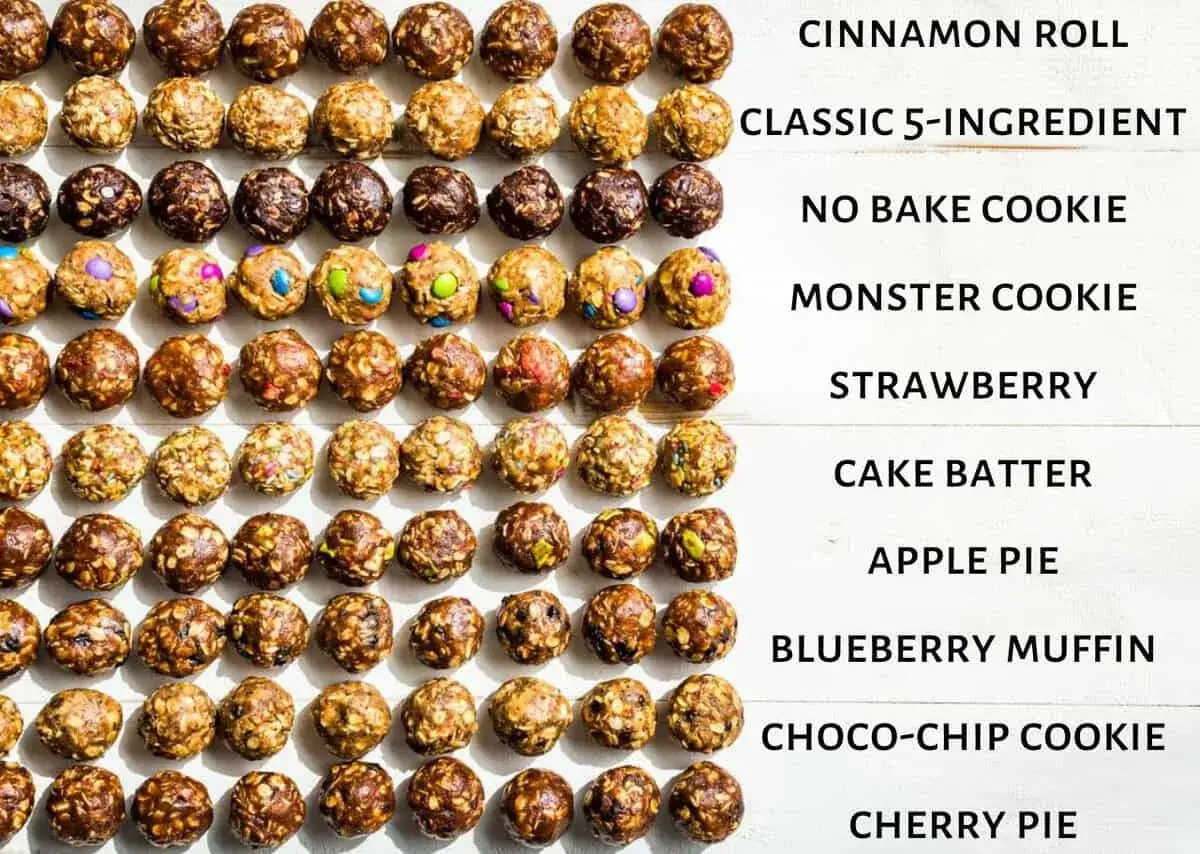 Viele verschiedene Energy Balls, die zu einem tollen Energy Balls Rezept passen: Zimtrolle, Monster Cookie, Apfelkuchen und mehr.